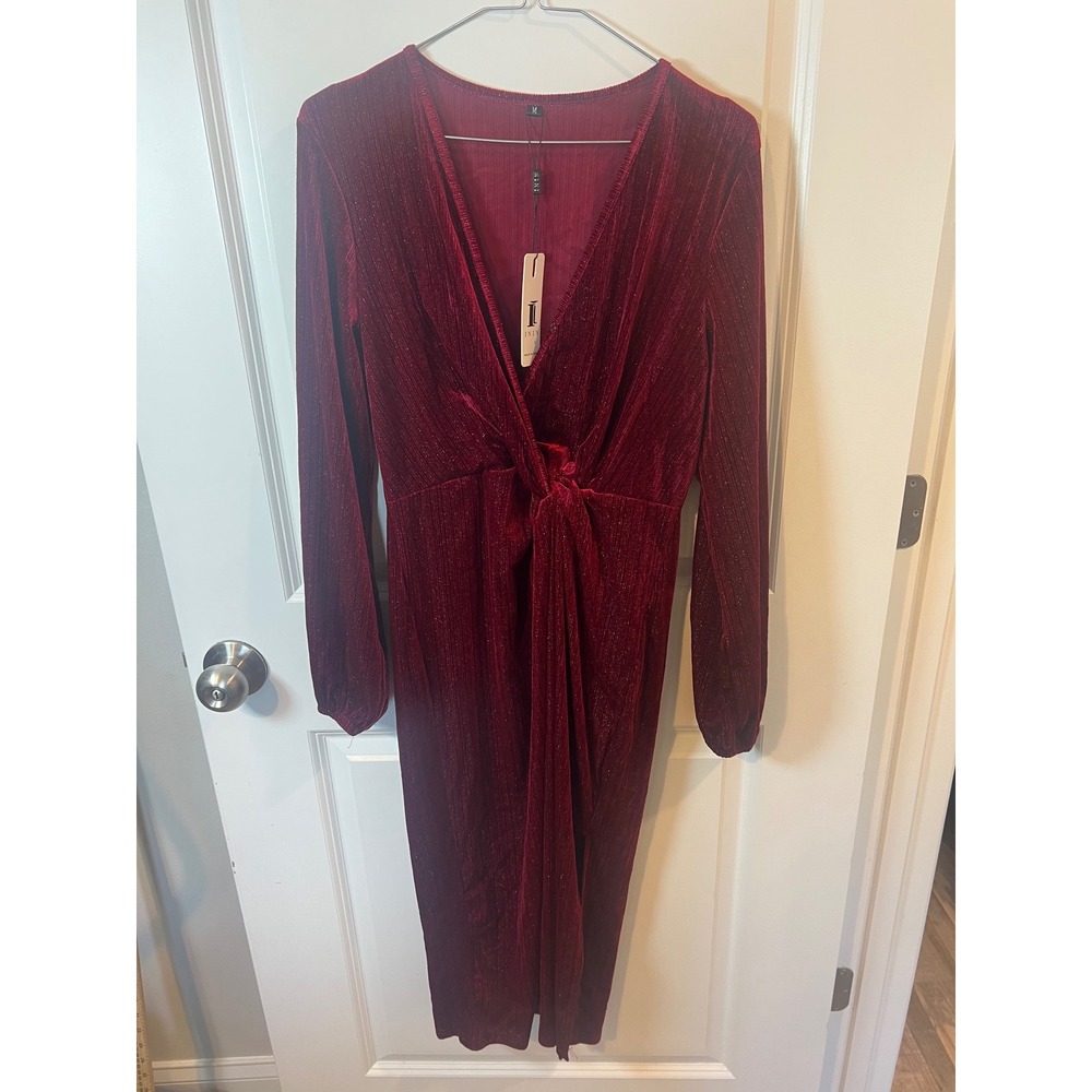 ININ Womens Midi Dress Metallic Shimmer Knot Front Burgundy Red Size M NWT